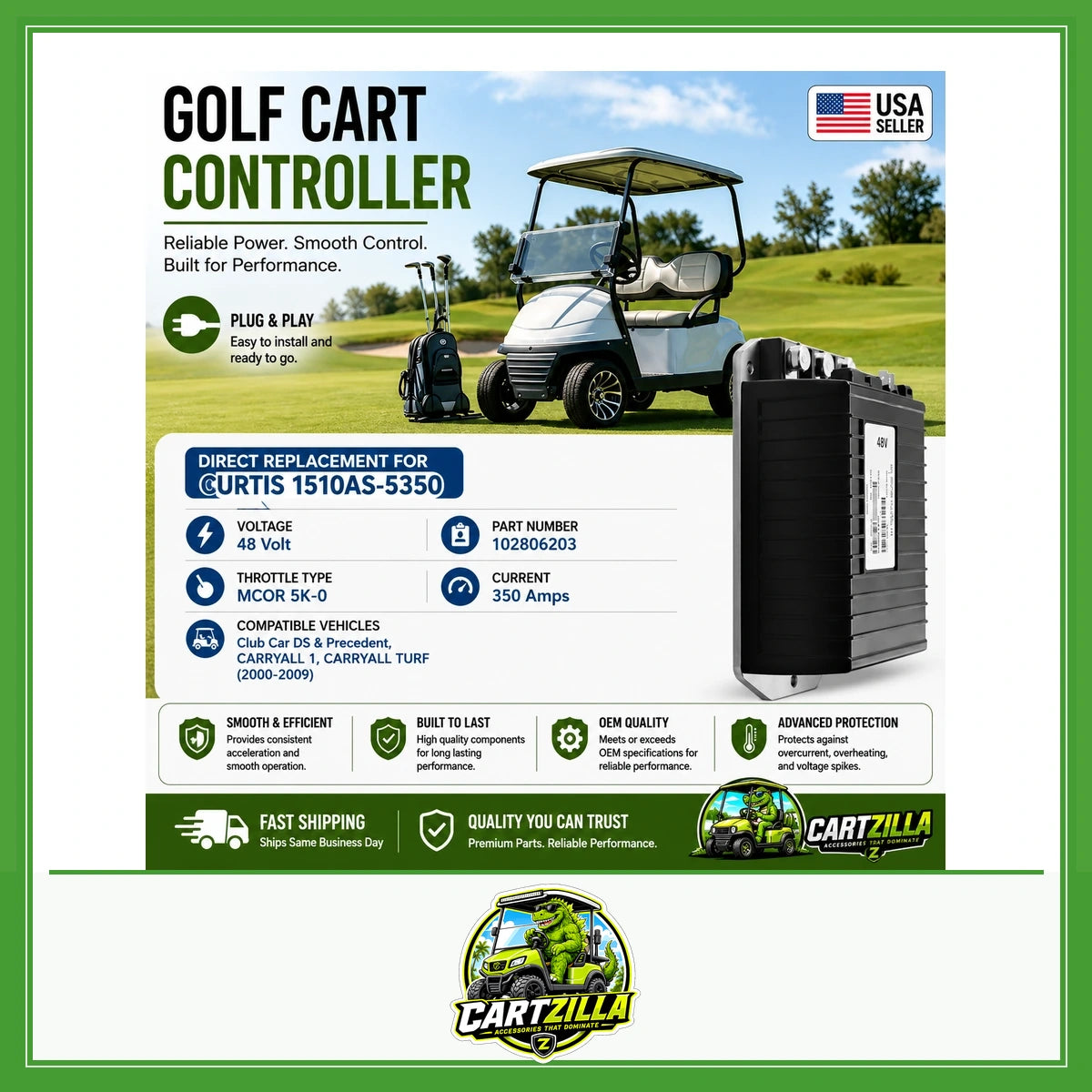 48V 350A Golf Cart Speed Controller for Club Car DS & Precedent (2000–2009) – Curtis 1510AS-5350