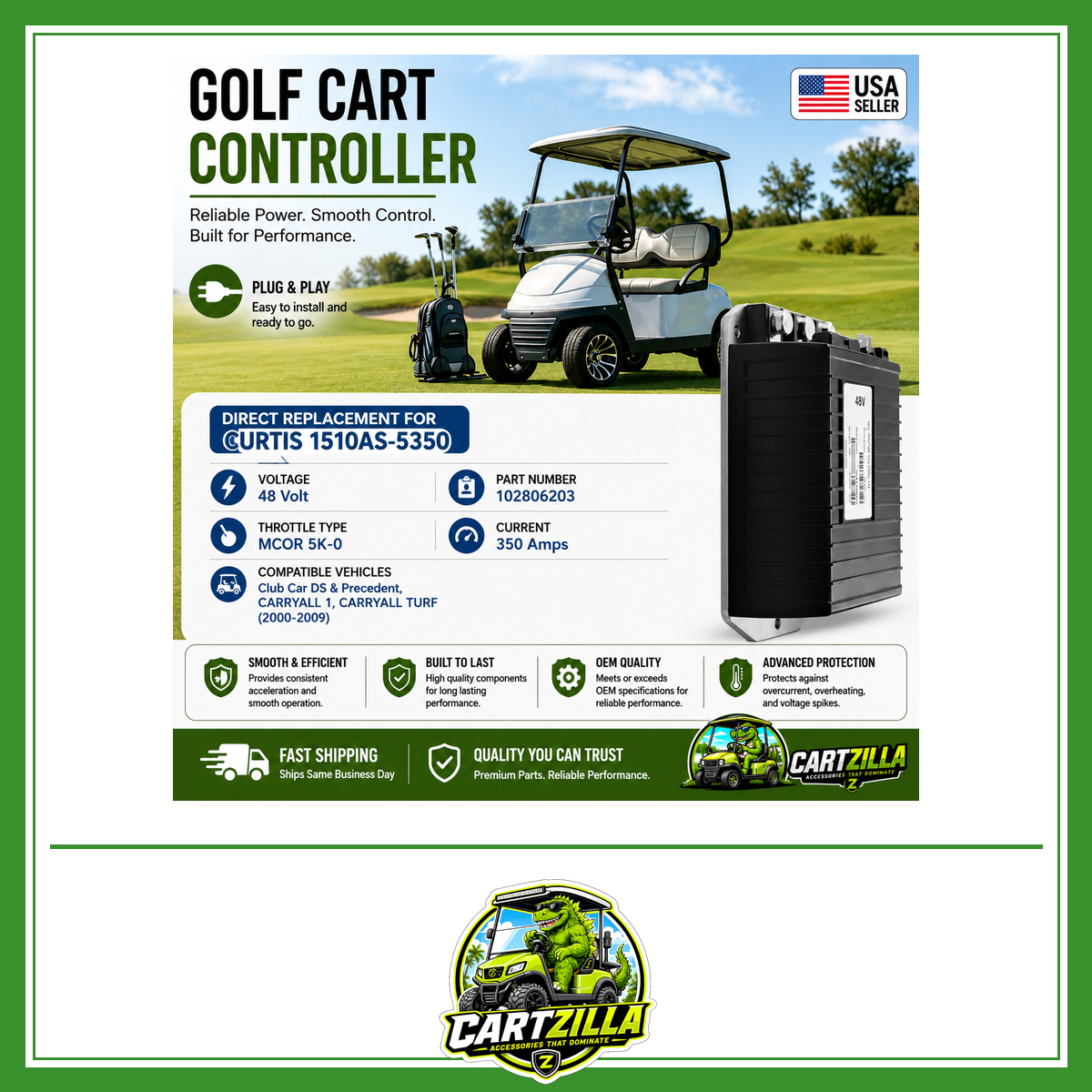48V 350A Golf Cart Speed Controller for Club Car DS & Precedent (2000–2009) – Curtis 1510AS-5350-Cartzilla LLC