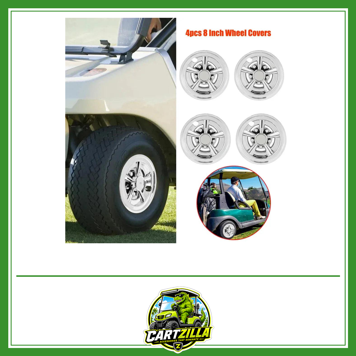 8" Chrome Plated Golf Cart Hub Caps – Fits EZGO, Club Car & Yamaha (Set of 4)-Cartzilla LLC