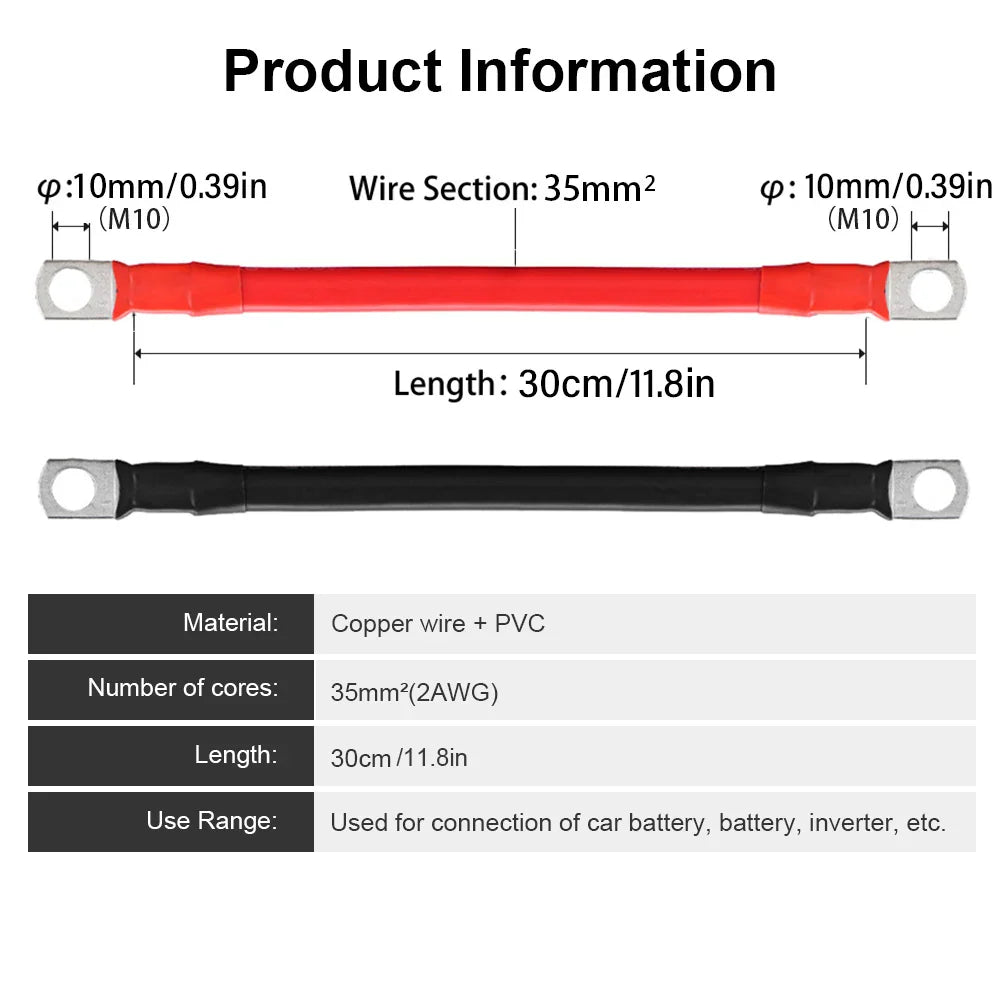 2AWG Car Battery Connector Power Inverter Cables Marine Battery Cable With Lug PVC Insulated Jacket For Auto Boats 30cm