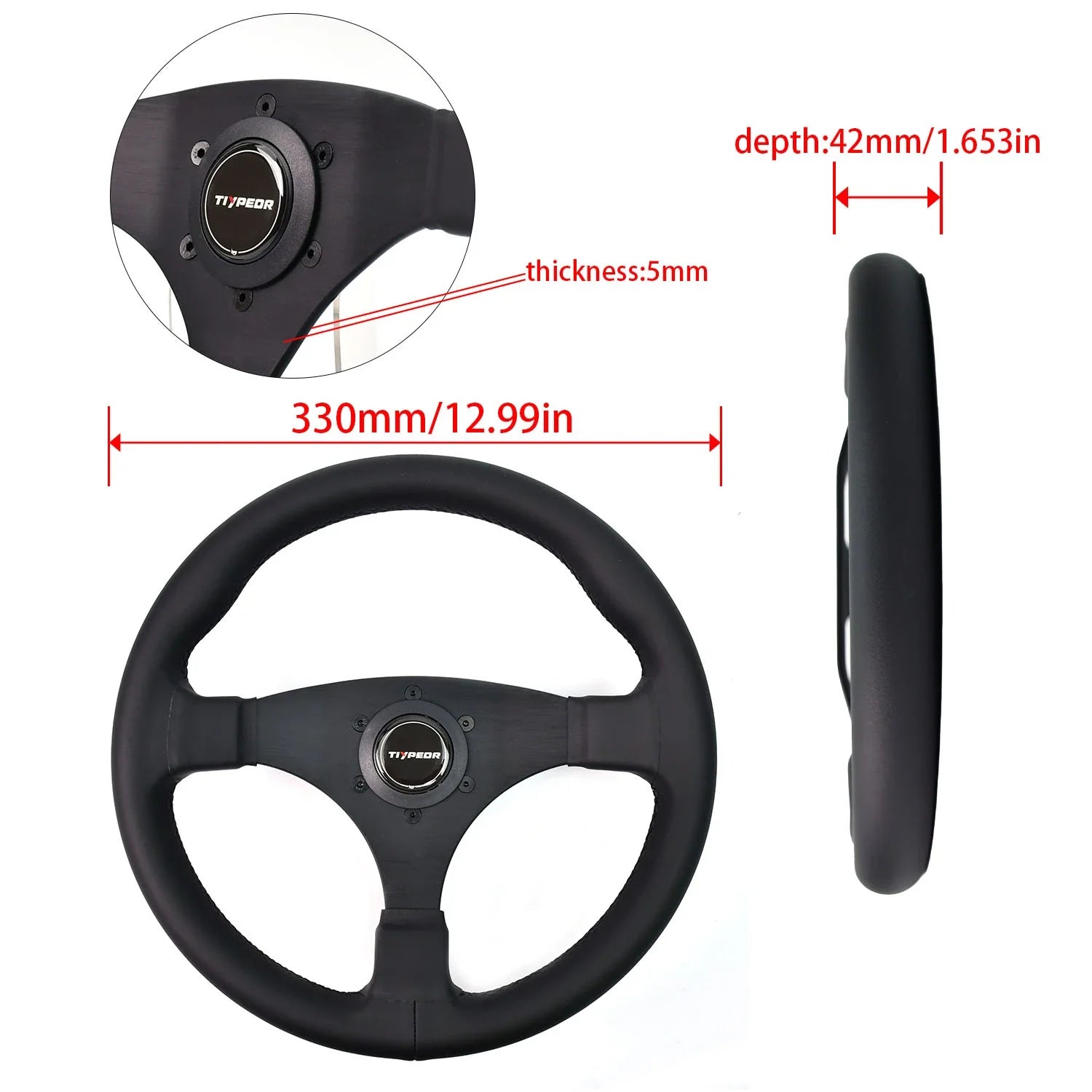 330mm Universal Microfiber Leather Sport Steering Wheel – 42mm Deep, Black