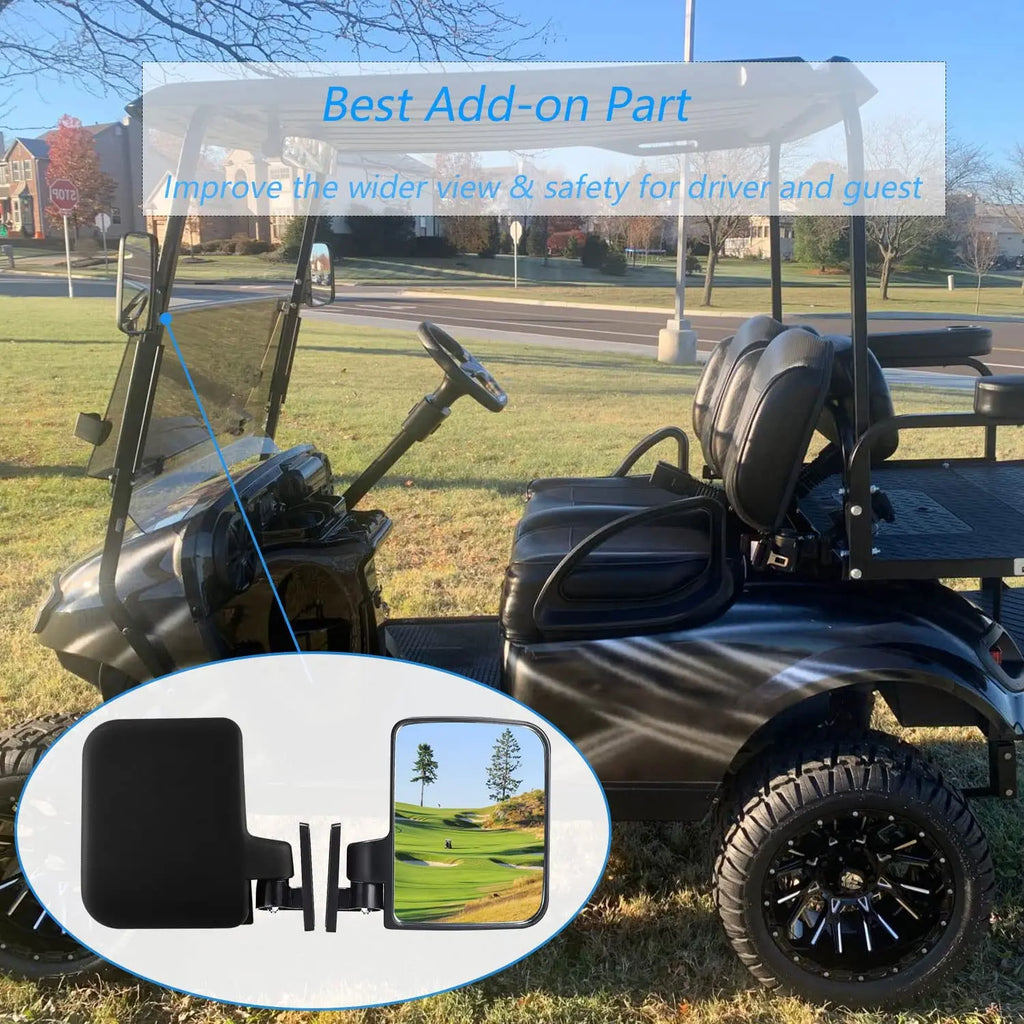 A pair of golf cart side mirrors, side mirrors, reverse mirrors, rearview mirrors, and reflective mirrors