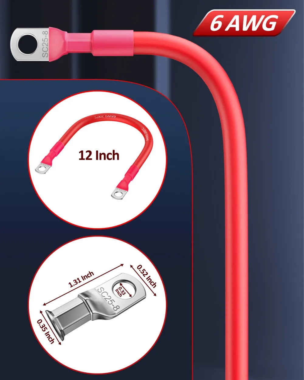 6AWG Tin Plated Pure Copper Battery Wire for Car Automotive, Solar, Marine, RV, Motorcycle, Golf Cart，30CM Cable， Red and Black