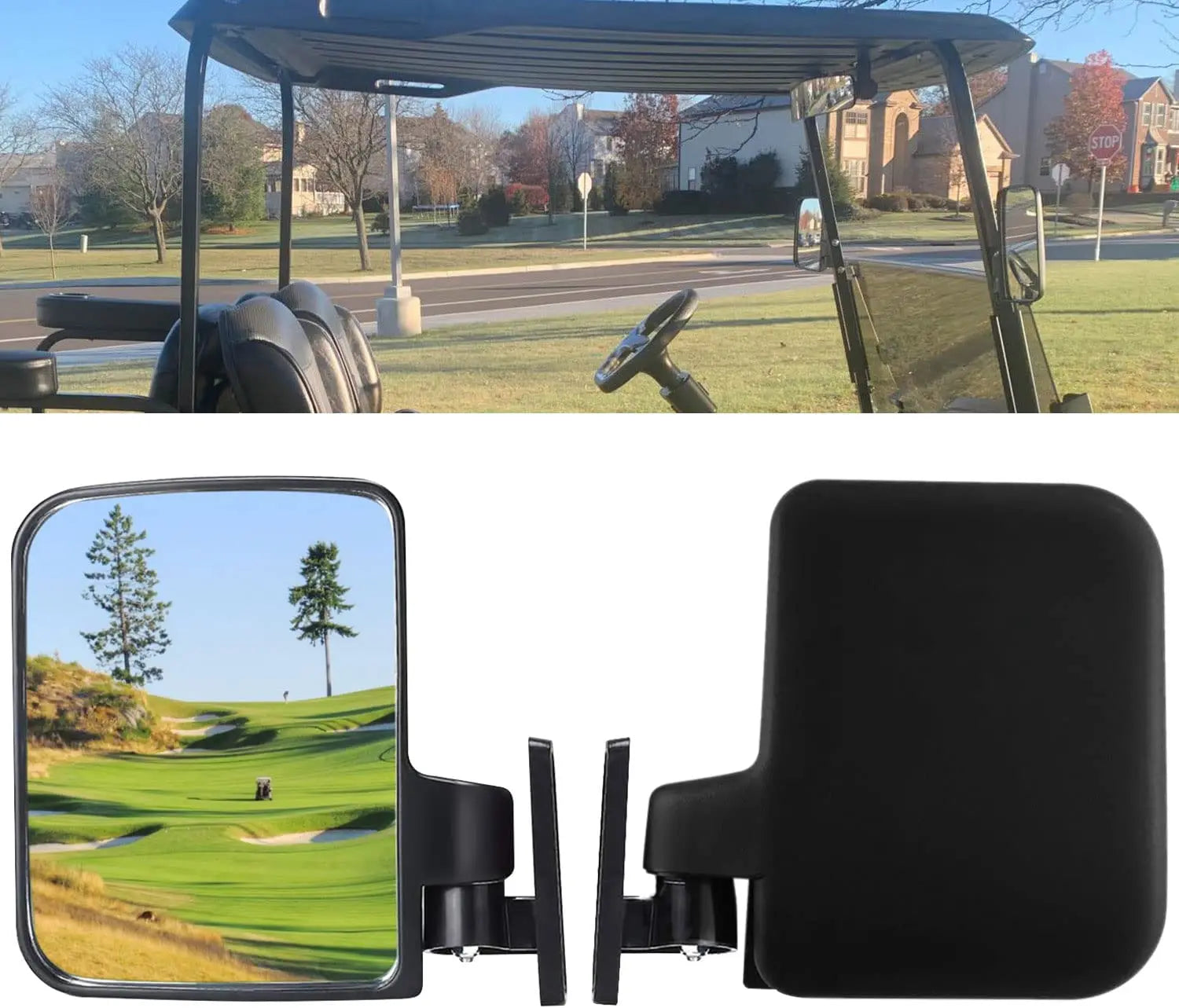 A pair of golf cart side mirrors, side mirrors, reverse mirrors, rearview mirrors, and reflective mirrors