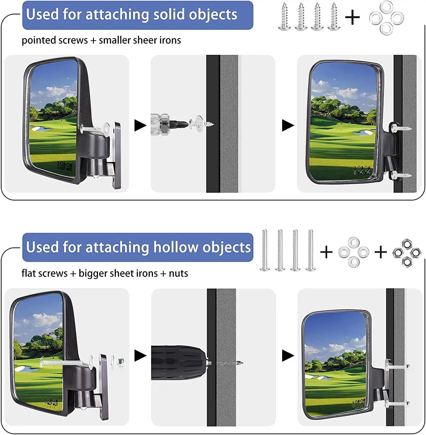 A pair of golf cart side mirrors, side mirrors, reverse mirrors, rearview mirrors, and reflective mirrors
