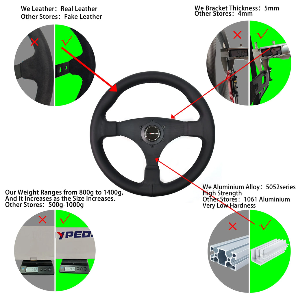 330mm Universal Microfiber Leather Sport Steering Wheel – 42mm Deep, Black
