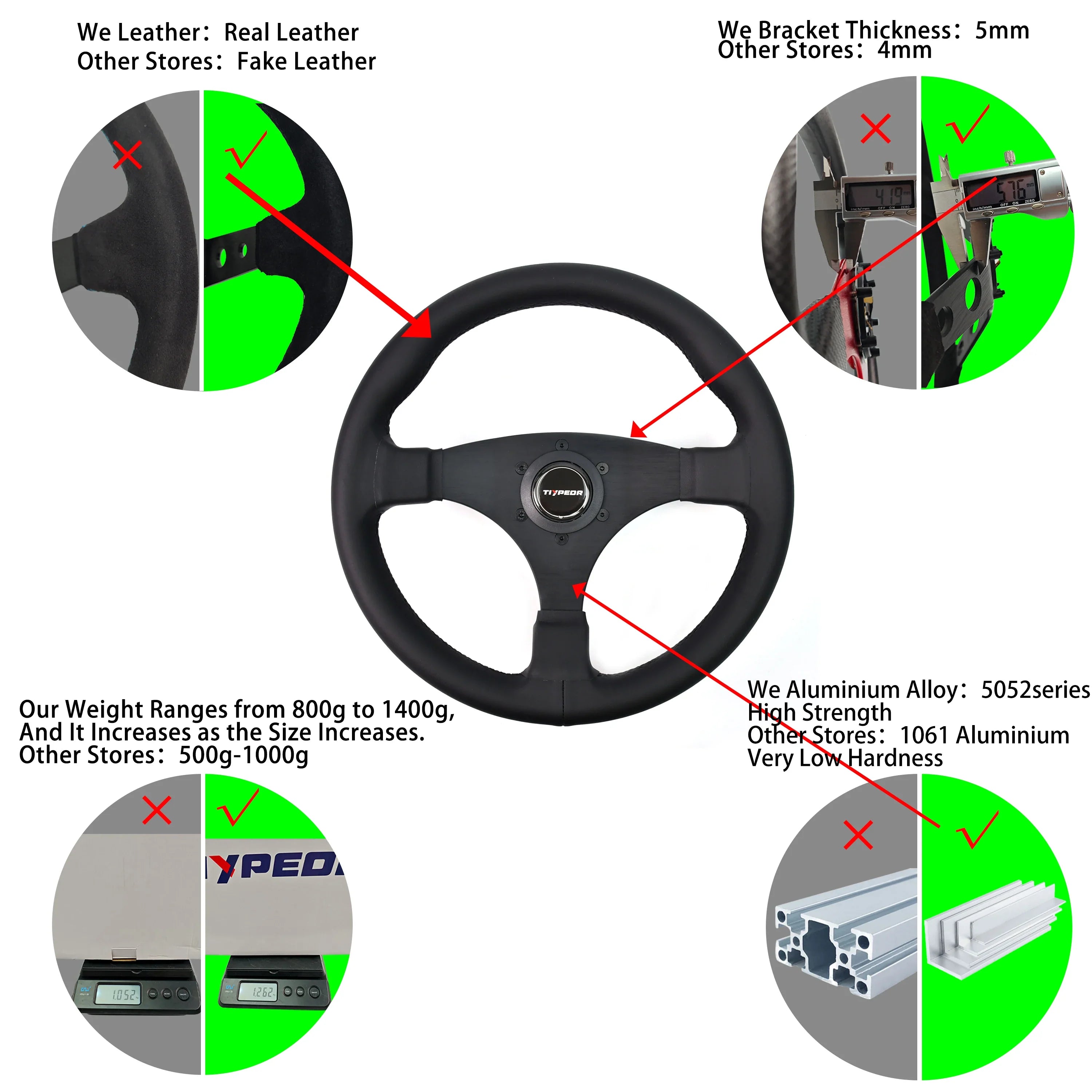 330mm Universal Microfiber Leather Sport Steering Wheel – 42mm Deep, Black